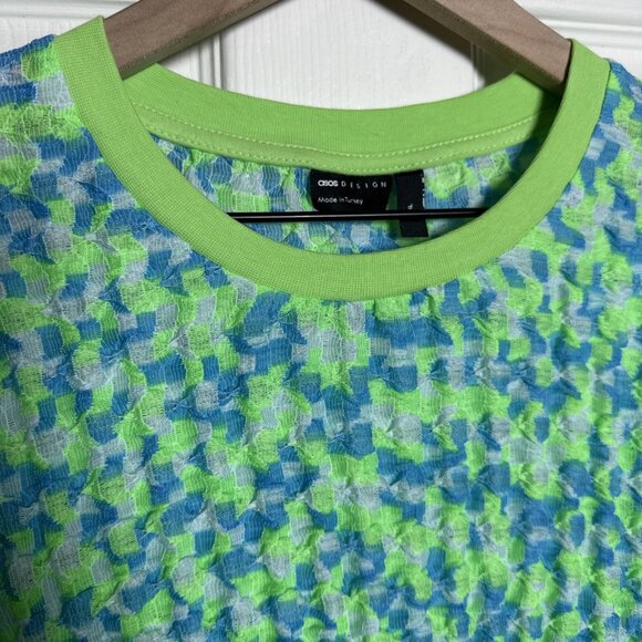 ASOS Men’s XL Puckered Texture Crinkly Long Sleeve Top Lime Green Y2K Checker - Picture 6 of 12